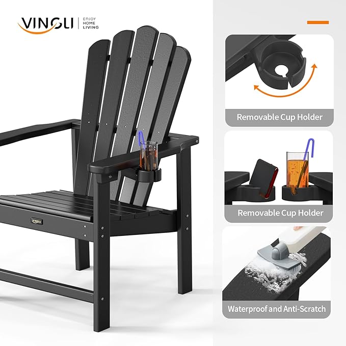 VINGLI Plastic Folding Adirondack Chair with Cup Holder, 100% Recyclable HDPE Material, Comfortable 380lb Weight Capacity for Outdoor Pool Patio Lounge Chair Lawn Furniture Fire Pit, 1 Pack, Black