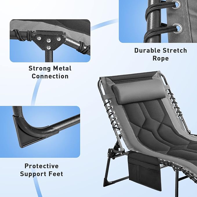 Flamaker Folding Chaise Lounge Outdoor Portable Lounge Chairs 4-Position Adjustable Camping Lounge Chair with Pillow & Side Bag Lightweight Recliner Sunbathing Chair for Pool Beach Deck (Grey)