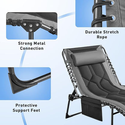 Flamaker Folding Chaise Lounge Outdoor Portable Lounge Chairs 4-Position Adjustable Camping Lounge Chair with Pillow & Side Bag Lightweight Recliner Sunbathing Chair for Pool Beach Deck (Grey)