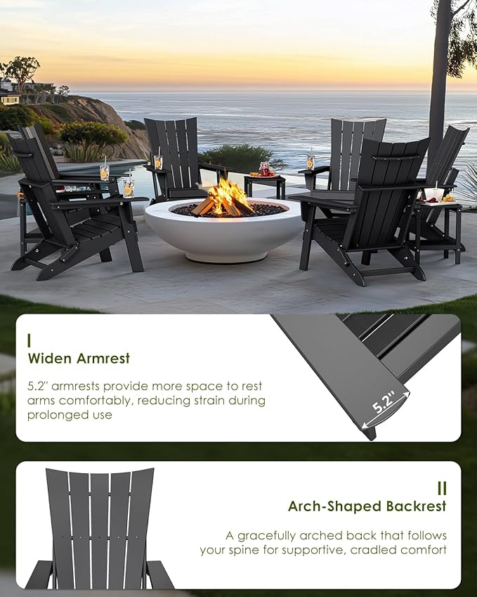 GREENVINES Folding-Adirondack-Chairs-Set-of-2 | HDPE Plastic | Arch Series | Fire Pit Chair | All Weather | for Outdoor Patio Deck Backyard Poolside | Black