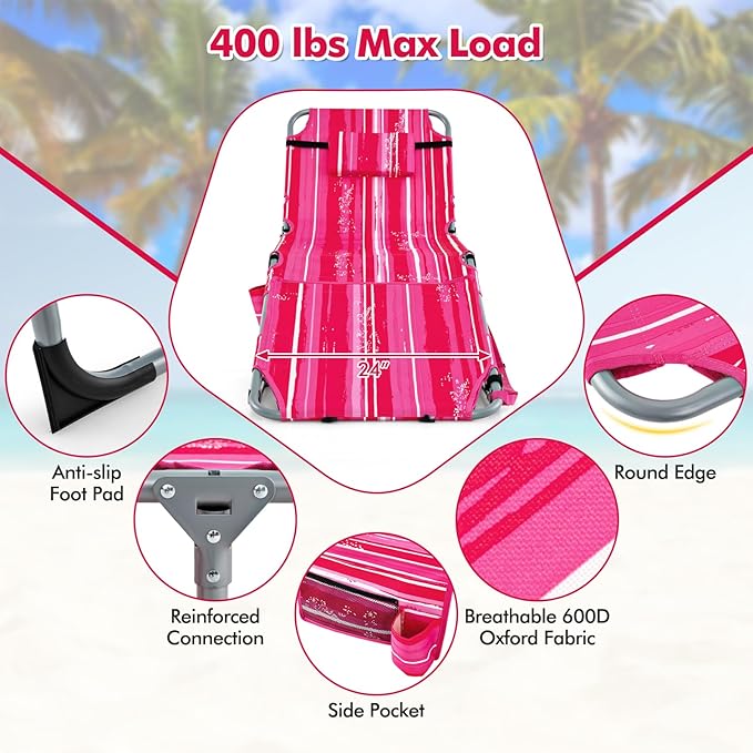 Goplus Tanning Chair, Folding Outdoor Beach Lounge Chair with Face & Arm Hole, Carrying Strap, Pillow, Side Pocket - Photo 6