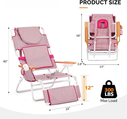 Bonnlo Deluxe 3-in-1 Beach Chair,Tanning Chair with Face Hole,Sunbathing Lounge Chair Outdoor,Adjustable Footrest,Cup Holder and Storage Pocket,Beach Lounge for Beach Pool Patio-Pink