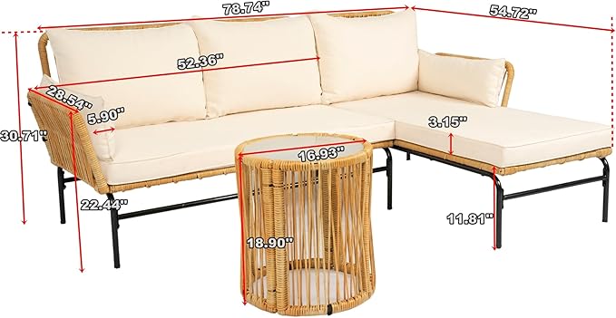 Quarte 3 Pieces Outdoor Patio Wicker Furniture Sets,L-Shaped Seating Group Conversation Sofa Sets with Table for Porch Lawn Garden Backyard Poolside