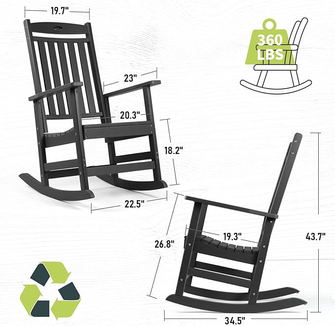 FUNBERRY Outdoor Rocking Chairs Set of 2, HDPE All Weather Poly Lumber Rocker, High Back Patio Rockers Easy Assembly