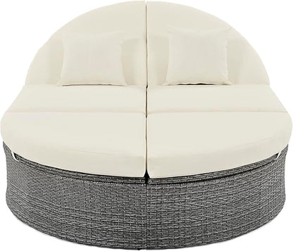 Outdoor Sun Bed Patio 2-Person Daybed with Cushions and Pillows, Rattan Garden Double Reclining Chaise Lounge with Adjustable Backrests and Foldable Cup Trays for Lawn, Poolside (Beige-3.9)