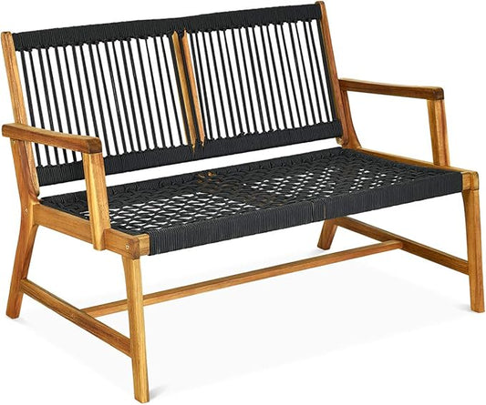 Tangkula 2-Person Patio Acacia Wood Bench Loveseat Chair, Outdoor Patio Bench Acacia Wood Bench in Teak Oil Finish, Patio Loveseat Rope Bench for Balcony Deck Poolside Porch (Black)