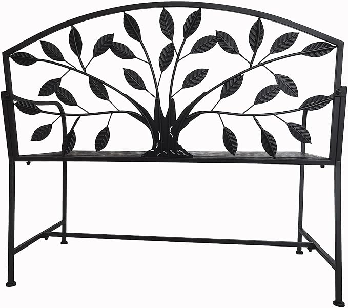 Hi-Line Gift Ltd. 42in Metal Garden Bench Tree Pattern-Black Patio Yard Seat