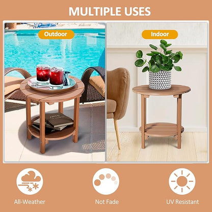 Round Adirondack Outdoor Side Table, 17.7" Small Patio End Table, 2-Tier HDPE Plastic Table for Poolside Porch Garden, Weather Resistant & Easy Assembly (Teak)