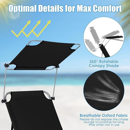 COSTWAY Set of 2 Tanning Chairs with Canopy, Foldable Chaise Lounge with Adjustable Backrest & Side Pocket, Beach Lounge Chair for Seaside, Pool, Patio (Black)