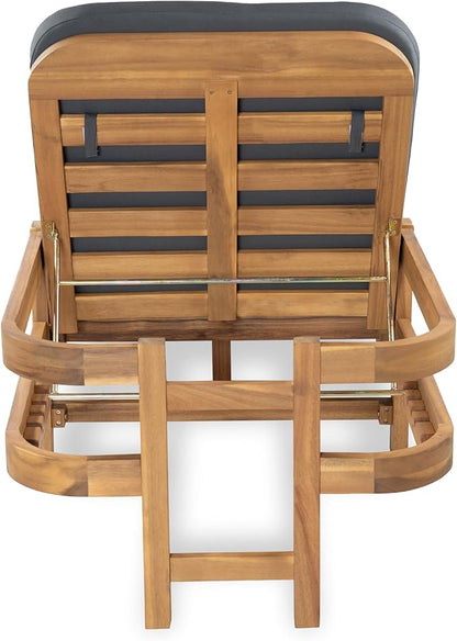 Christopher Knight Home Kayas Acacia Wood Chaise Lounge with Adjustable Backrest, 77.5" Outdoor Sun Lounger with Cushion, Patio Lounger Recliner Chair for Poolside Lawn, Light Teak+Gray, Set of 2
