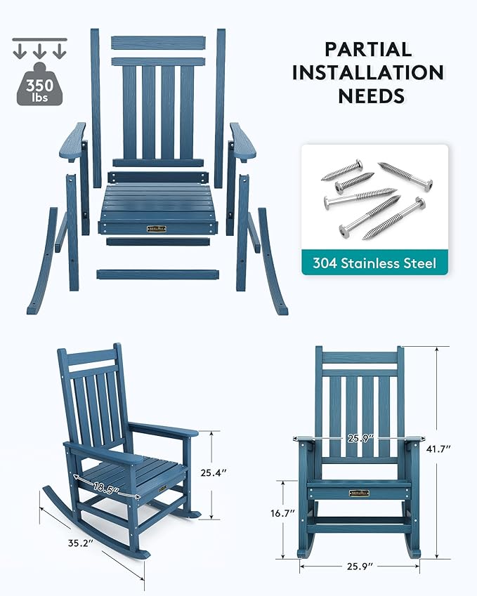 SERWALL Outdoor Rocking Chair Set of 4, Patio Rocking Chairs for Adult, All Weather Resistant Porch Rockers for Lawn Garden, Blue