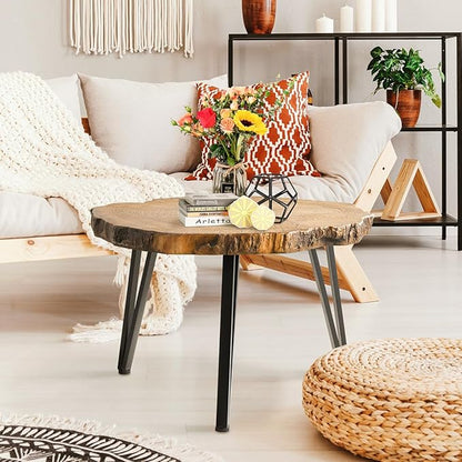 SUNBURY Outdoor Coffee Table, 31" W Faux Wooden Coffee Table, Modern Round Coffee Table for Patio, Concrete Outdoor Side Table with Anti-Rust Metal Leg for Garden, Backyard, Lawn, Deck