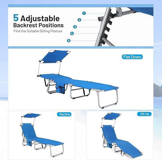 Giantex Outdoor Folding Chaise Lounge, Portable Tanning Chair with 5 Adjustable Positions, 360°Rotatable Canopy Shade - Photo 3