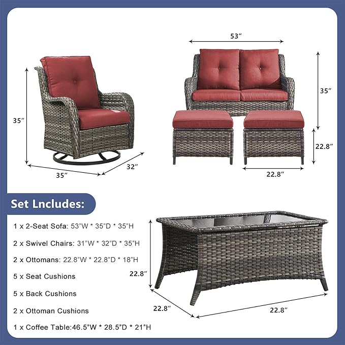 Rilyson Wicker Patio Furniture Set - 6 Piece Rattan Outdoor Sectional Conversation Sets with 2 Swivel Rocking Chairs - Photo 2
