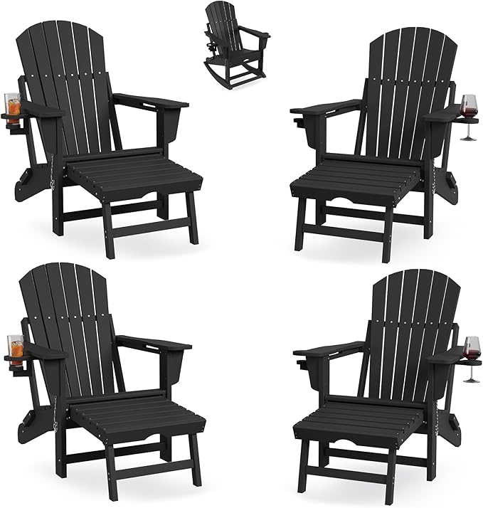 PeakPursuit Adirondack Outdoor Rocking Chairs with Two Cup Holders, HDPE All Weather Outdoor Adirondacks Rocking Chair with Retractable Ottoman