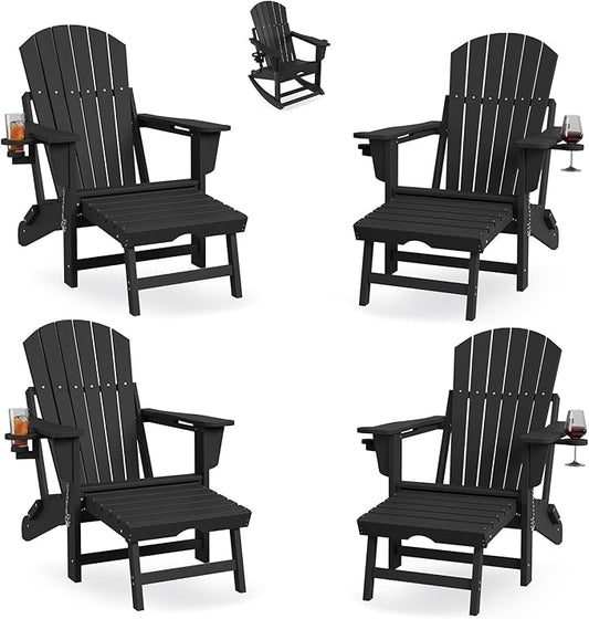 Rocking Adirondack Chairs Set of 4, Folding Adirondack Rocking Chair With Footrest, Adirondack RockingChair Outdoor With Retractable Ottoman and Cup Holder