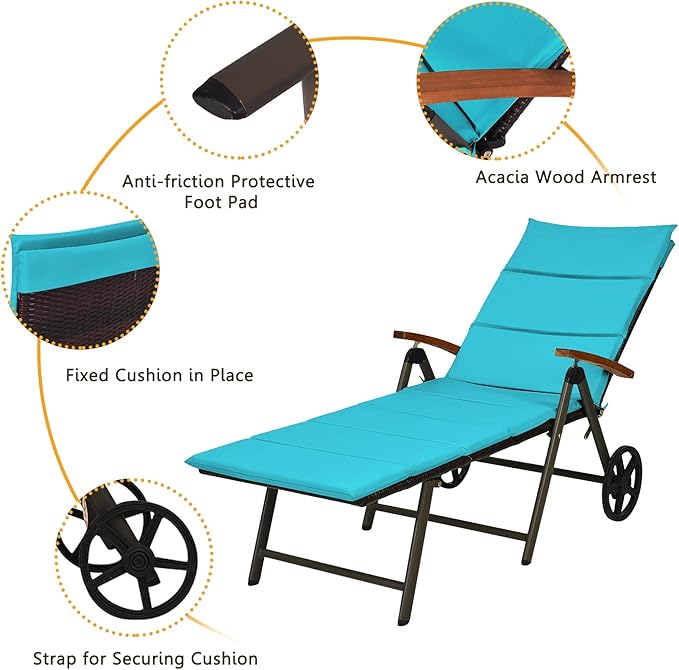 Tangkula Foldable Lounge Chair Outdoor, Wicker Chaise Lounge with Aluminum Frame, 7-Position Adjustable Reclining Pool Lounge Chairs with Wheels, Rattan Lounger with Cushion for Outside Patio Balcony