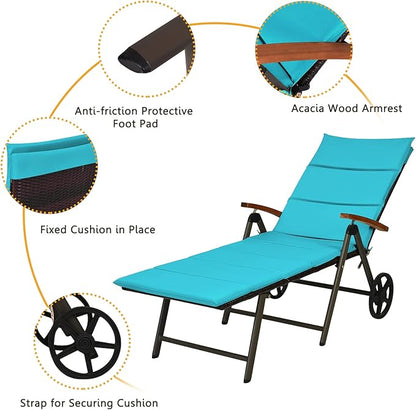 Tangkula Foldable Lounge Chair Outdoor, Wicker Chaise Lounge with Aluminum Frame, 7-Position Adjustable Reclining Pool Lounge Chairs with Wheels, Rattan Lounger with Cushion for Outside Patio Balcony