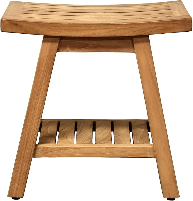 Asta Saba Solid Teak Indoor Outdoor Shower/Bath/Spa Stool Bench with Bottom Shelf, Fully Assembled, TB-115A