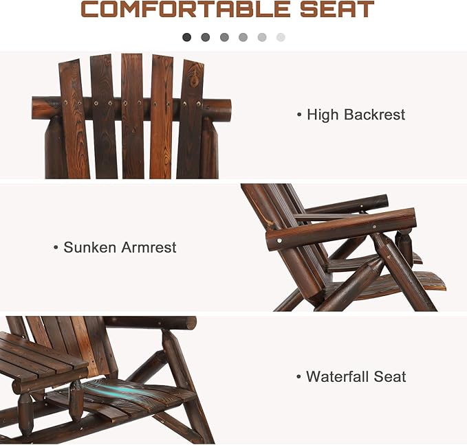 HOMEDIARY 2-Seat Wooden Adirondack Chair, Outdoor Log Patio Loveseat with Built-in Table, Patio Bench Fire Pit Chair Porch Furniture Conversation Set for Deck Lawn Pool Backyard, Carbonized