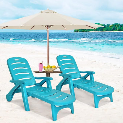 Moccha Folding Chaise Lounge Chair - Plastic Patio Lounger w/ 2 Rolling Wheels, 5-Adjustable Positions, Armrests, Outdoor Lounge Recliner for Poolside Yard Garden Sunbathing Beach Chair (2, Turquoise)