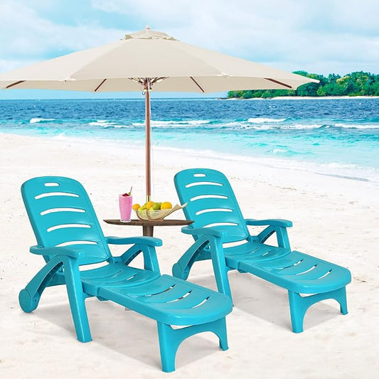 Moccha Folding Chaise Lounge Chair - Plastic Patio Lounger w/ 2 Rolling Wheels, 5-Adjustable Positions, Armrests, Outdoor Lounge Recliner for Poolside Yard Garden Sunbathing Beach Chair (2, Turquoise)
