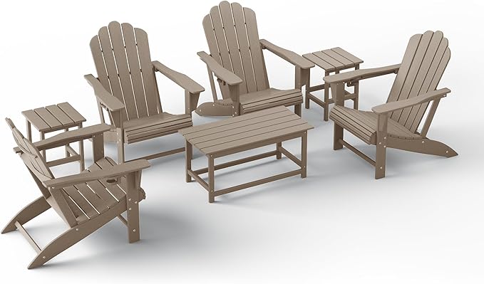 Costaelm Lakeview 7-Piece HDPE Outdoor Patio Furniture Adirondack Conversation Set, Weathered Wood