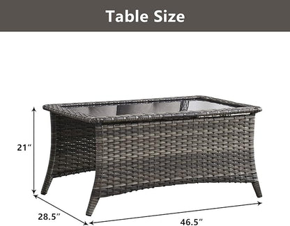 Belord Outdoor Coffee Table with Tempered Glass Top, Patio Rectangular Mixed Grey Wicker, Handwoven Rattan Coffee Table Compatible with Patio Furniture Sets for Porch Deck Backyard