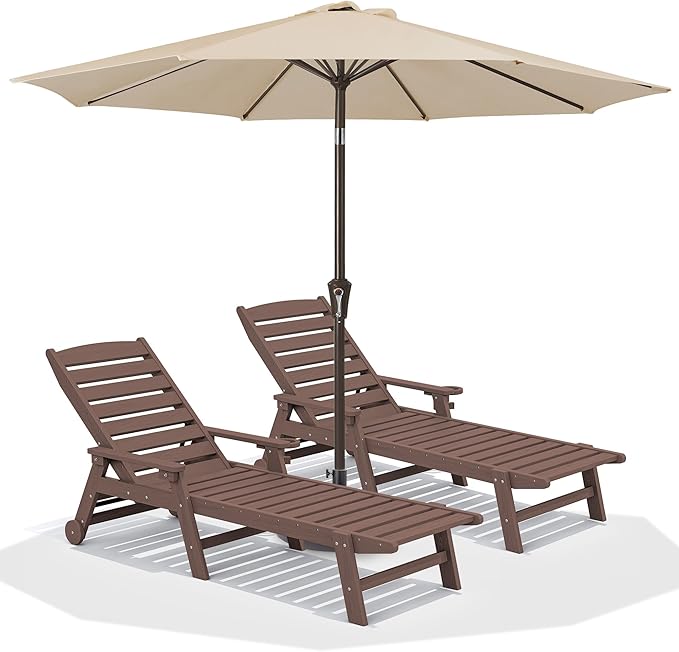 SERWALL Patio Chaise Lounge Chair Set of 2 with 9FT Patio Umbrella, 78'' HDPE Outdoor Lounger - Photo 1