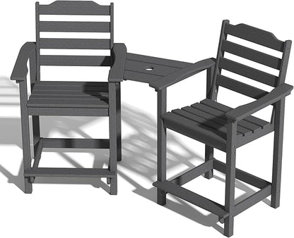 Tall Adirondack Bar Stools Set of 2 with Connecting Tray, Counter Height Patio Chairs, All Weather HDPE Balcony Stools for Outdoor Deck & Garden, Gray
