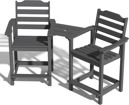Tall Adirondack Bar Stools Set of 2 with Connecting Tray, Counter Height Patio Chairs, All Weather HDPE Balcony Stools for Outdoor Deck & Garden, Gray