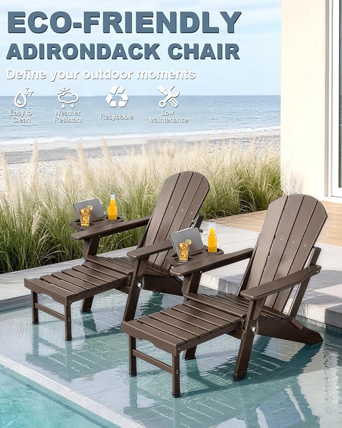 Adjustable Adirondack Chair with Retractable Ottoman Set of 4, HDPE Folding Adirondack Chair with Cup Holder, All Weather Fire Pit Chair for Outdoor.