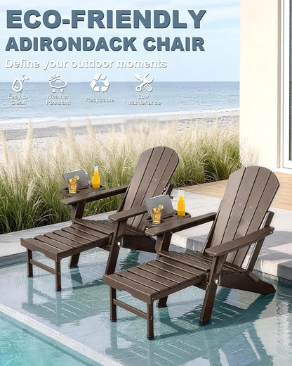 Adjustable Adirondack Chair with Retractable Ottoman Set of 4, HDPE Folding Adirondack Chair with Cup Holder, All Weather Fire Pit Chair for Outdoor.