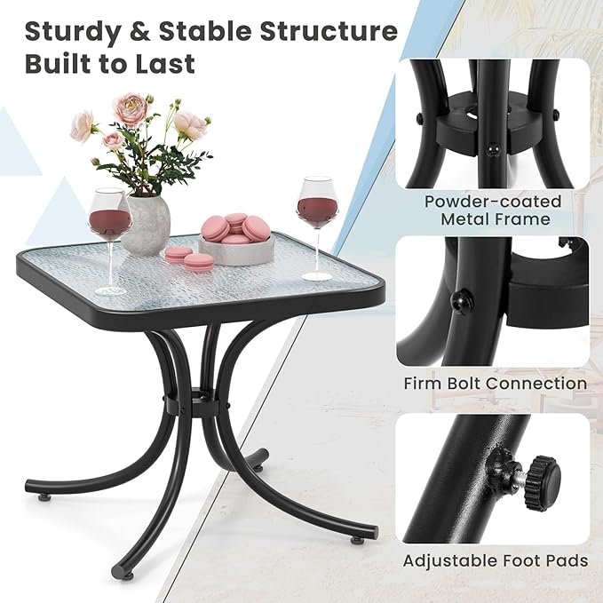 Tangkula Outdoor Side Table, 20 Inches Square End Table with Tempered Glass Top, Metal Frame - Photo 6