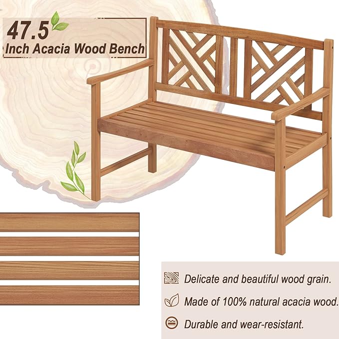 COSTWAY Outdoor Wooden Bench, Outdoor Acacia Wood Loveseat with Curved Armrest & Backrest, Sturdy Wood Bench for Garden - Photo 5