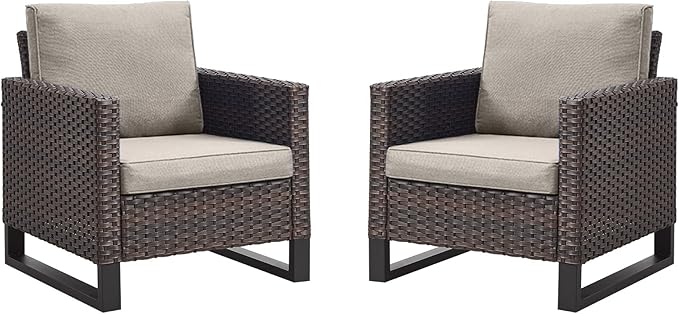 Rilyson Wicker Outdoor Patio Chairs Set of 2-2 Piece Rattan Chairs with Waterproof Wicker,Comfortable Cushions and Sturdy Metal Frame for Outside Porch Deck Backyard(Brown/Grey)