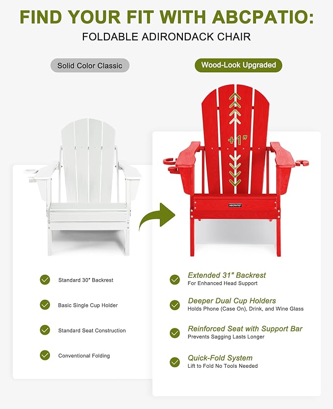 Folding Adirondack Chair with Dual Cup Holders, All-Weather HDPE Patio Chair Deck Chairs Outdoor, Fire Pit Chairs for Garden, Lawn, Poolside, Backyard, Pool - Red (Wood-Look)