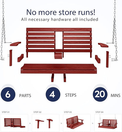 KINGYES Outdoor Hanging Patio Swing Set of 2, 2 Seat Swing Chair with Cup Holders, Waterproof Bench for Courtyard & Garden, 660LBS Weight Capacity, Red