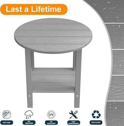MXIMU Round Outdoor Side Table Adirondack Tables 18 Inch Chairside End Tables with Storage Shelf, 2-Tier Plastic Patio Side Table, Weather Resistant for Balcony Backyard Lawn (Grey, 2 Pack)