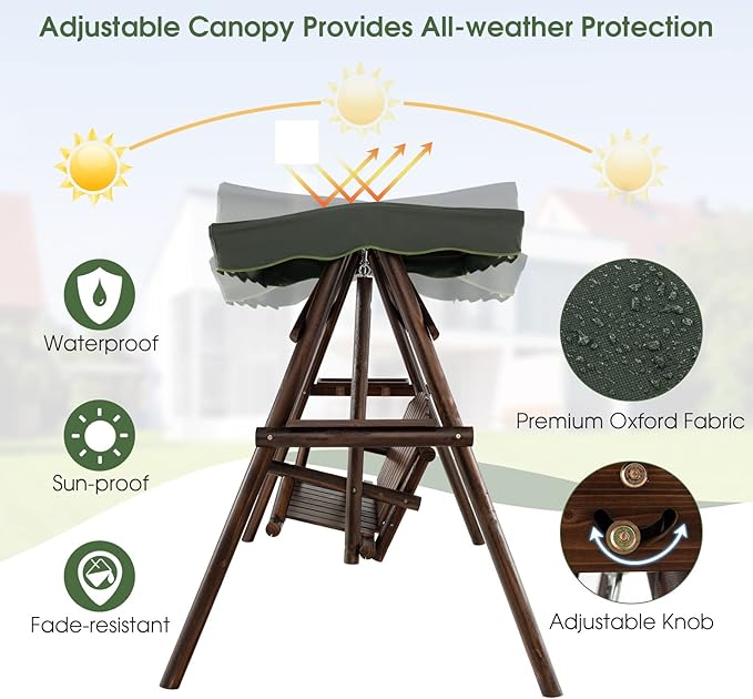 Tangkula Wooden Porch Swing, 2 Person A-Frame Outdoor Swing with Adjustable Canopy, Armrest, 2 Side Tables - Photo 5