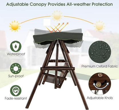 Tangkula Wooden Porch Swing, 2 Person A-Frame Outdoor Swing with Adjustable Canopy, Armrest, 2 Side Tables, Outdoor Swing with Wood Stand for Garden, Backyard, Deck, Poolside (Rustic)
