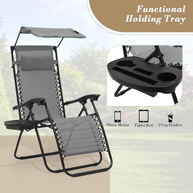 Athena Collection Patio Chairs Set of 2 Reclining Lounge Chair with Cup Holder and Pillow Fabric Camping Chairs with Canopy Foldable Beach Chairs for Garden, Park, Deck, Yard, Poolside, Grey