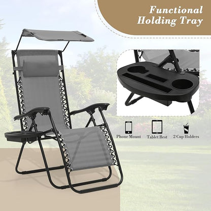 Athena Collection Patio Chairs Set of 2 Reclining Lounge Chair with Cup Holder and Pillow Fabric Camping Chairs with Canopy Foldable Beach Chairs for Garden, Park, Deck, Yard, Poolside, Grey