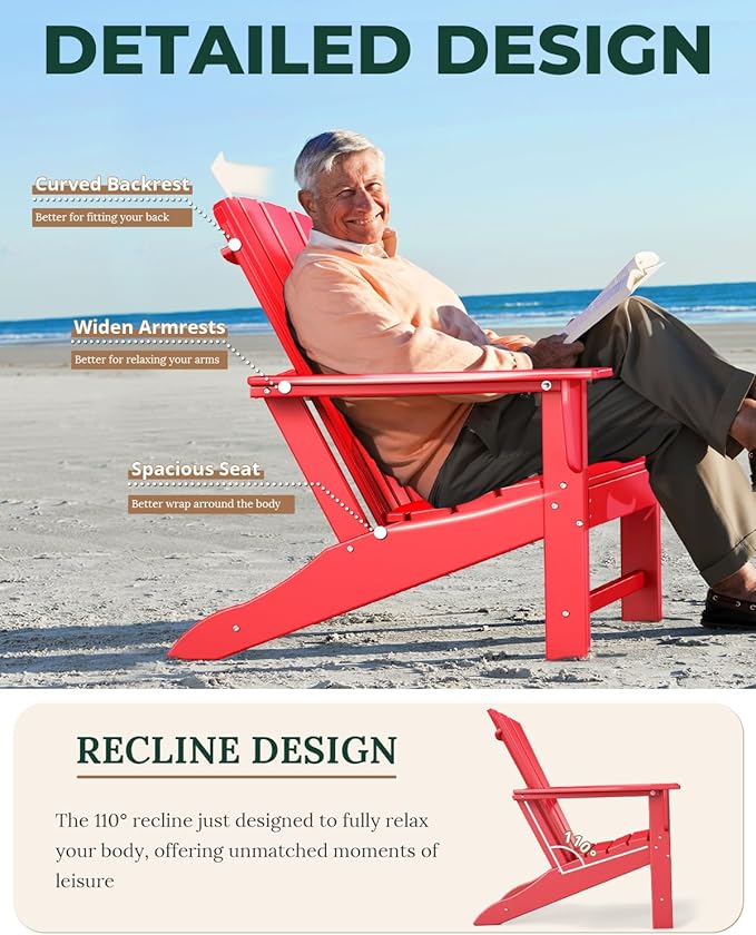 BRIOPAWS Adirondack-Chairs-Set of 2 | Fire Pit Chair | Oversized | HDPE Plastic | Weather Resistant | for Deck Outdoor Poolside Campfire | Red