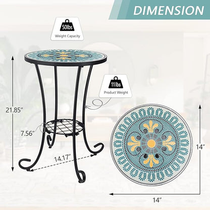 VCUTEKA Outdoor Side Table Mosaic Patio Table Accent Tables Mosaic Tile Top Metal Frame Small End Tables Porch Beach Patio Garden Balcony Green 14''