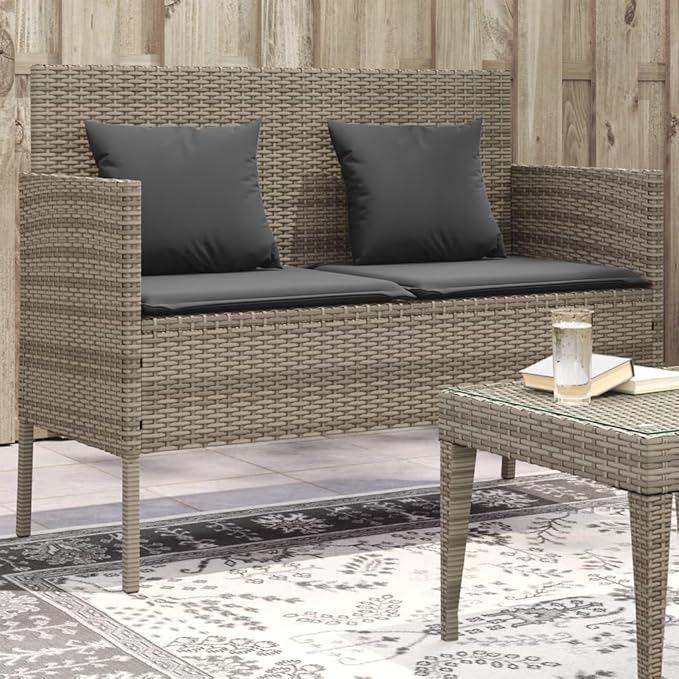 Garden Bench Deck Bench Patio Bench with Cushions Gray Poly Rattan - Photo 1