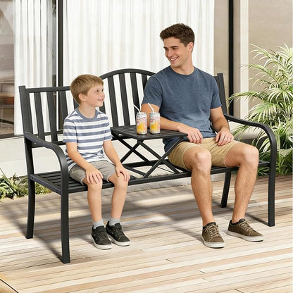 2 in 1 Metal Bench Patio Bench, Outdoor Benches Weatherproof with Folding Middle Table, Wrought Iron Garden Benches for Outdoors, Patio, Garden, Park