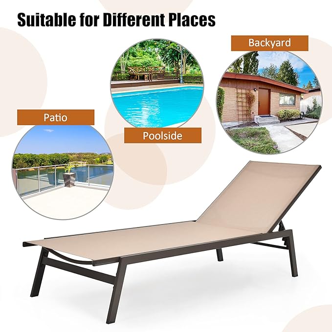 COSTWAY Patio Lounge Chair Outdoor, 6-Position Backrest Adjustable Pool Lounger, Metal Frame & Breathable Fabric - Photo 6