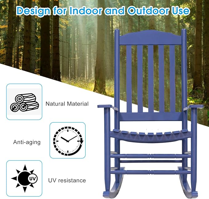 D&F Design Outdoor Rocking Rocker, Wood Rocking Chair with High Back and Curved Seat, UV Treated (Blue),Outdoor and Indoor use