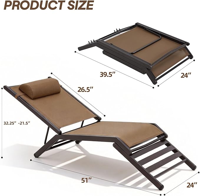 Chaise Lounge Outdoor Set of 2 Foldable Pool Lounge Chairs with Adjustable Back Assembly-Free Textilene Patio Tanning Chair for Deck Lawn Poolside Backyard